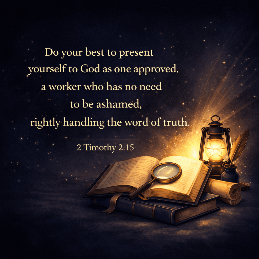 Open Bible with magnifying glass and lantern - rightly handling the word of truth